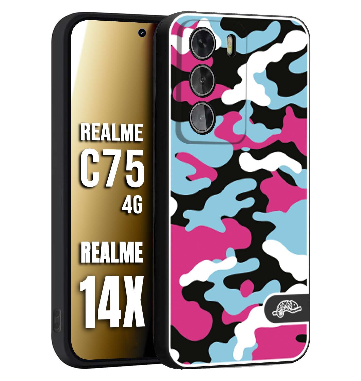 CUSTOMIZZA - Custodia cover nera morbida in tpu compatibile per Realme 14X - C75 4G camouflage mimetico militare fucsia celeste