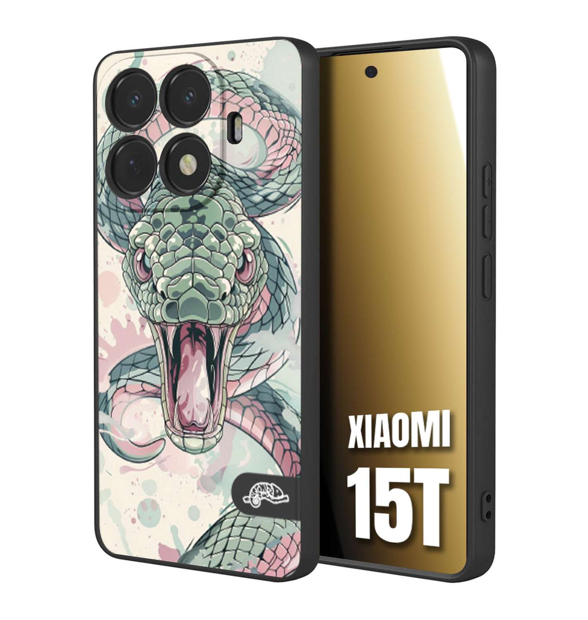 CUSTOMIZZA - Custodia cover nera morbida in tpu compatibile per Xiaomi 15T snake pink green serpente tatuaggio tattoo disegnato a mano