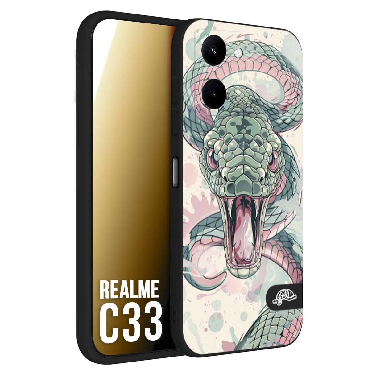 CUSTOMIZZA - Custodia cover nera morbida in tpu compatibile per Realme C33 snake pink green serpente tatuaggio tattoo disegnato a mano