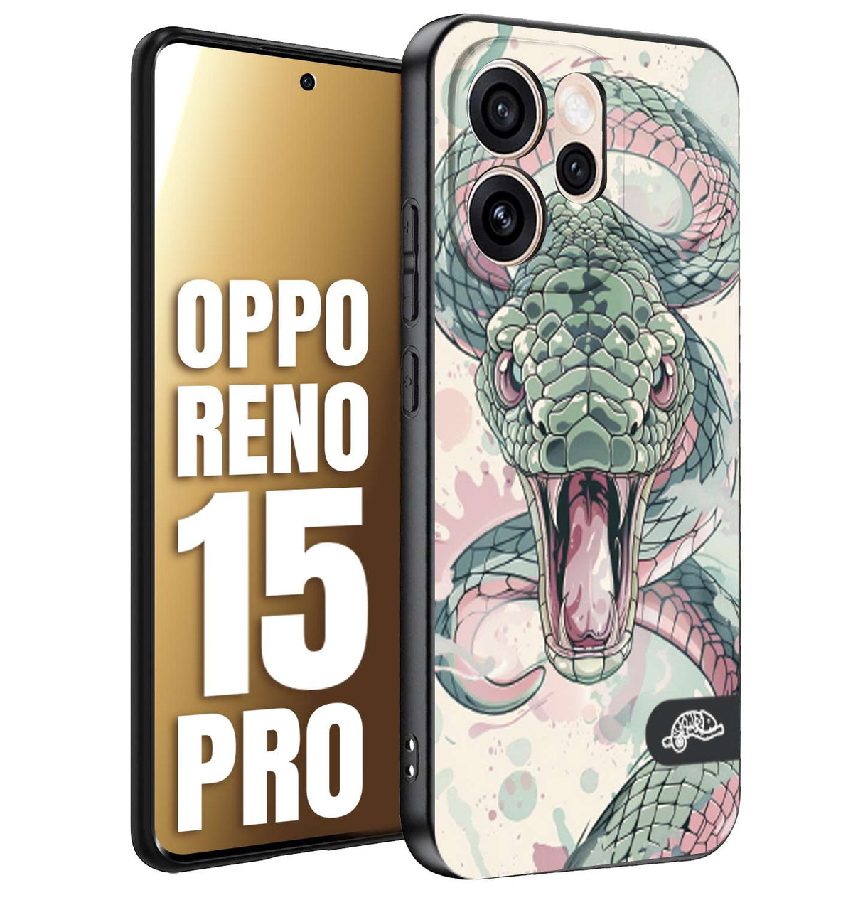 CUSTOMIZZA - Custodia cover nera morbida in tpu compatibile per Oppo Reno 15 PRO snake pink green serpente tatuaggio tattoo disegnato a mano