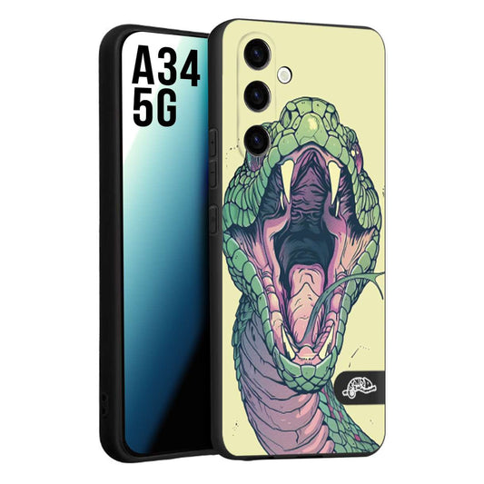 CUSTOMIZZA - Custodia cover nera morbida in tpu compatibile per Samsung A34 5G snake yellow green serpente tatuaggio tattoo disegnato a mano