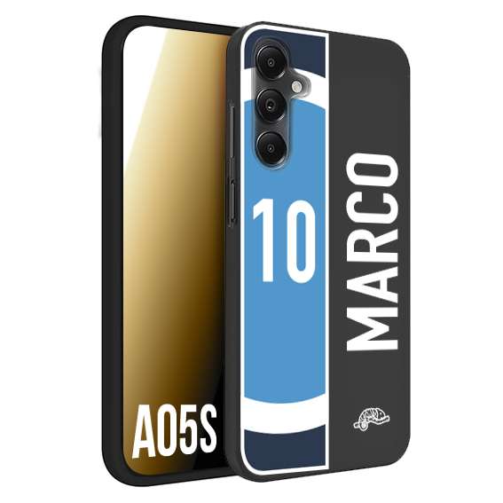 CUSTOMIZZA - Custodia cover nera morbida in tpu compatibile per Samsung A05S personalizzata calcio football nome e numero calciatori biancoazzurri bianco celesti