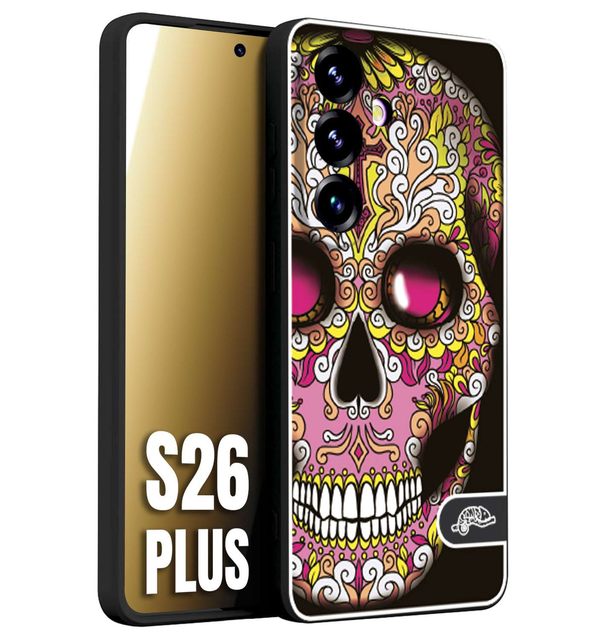 CUSTOMIZZA - Custodia cover nera morbida in tpu compatibile per Samsung S26 PLUS teschio messicano Mexican skull rosa gialla