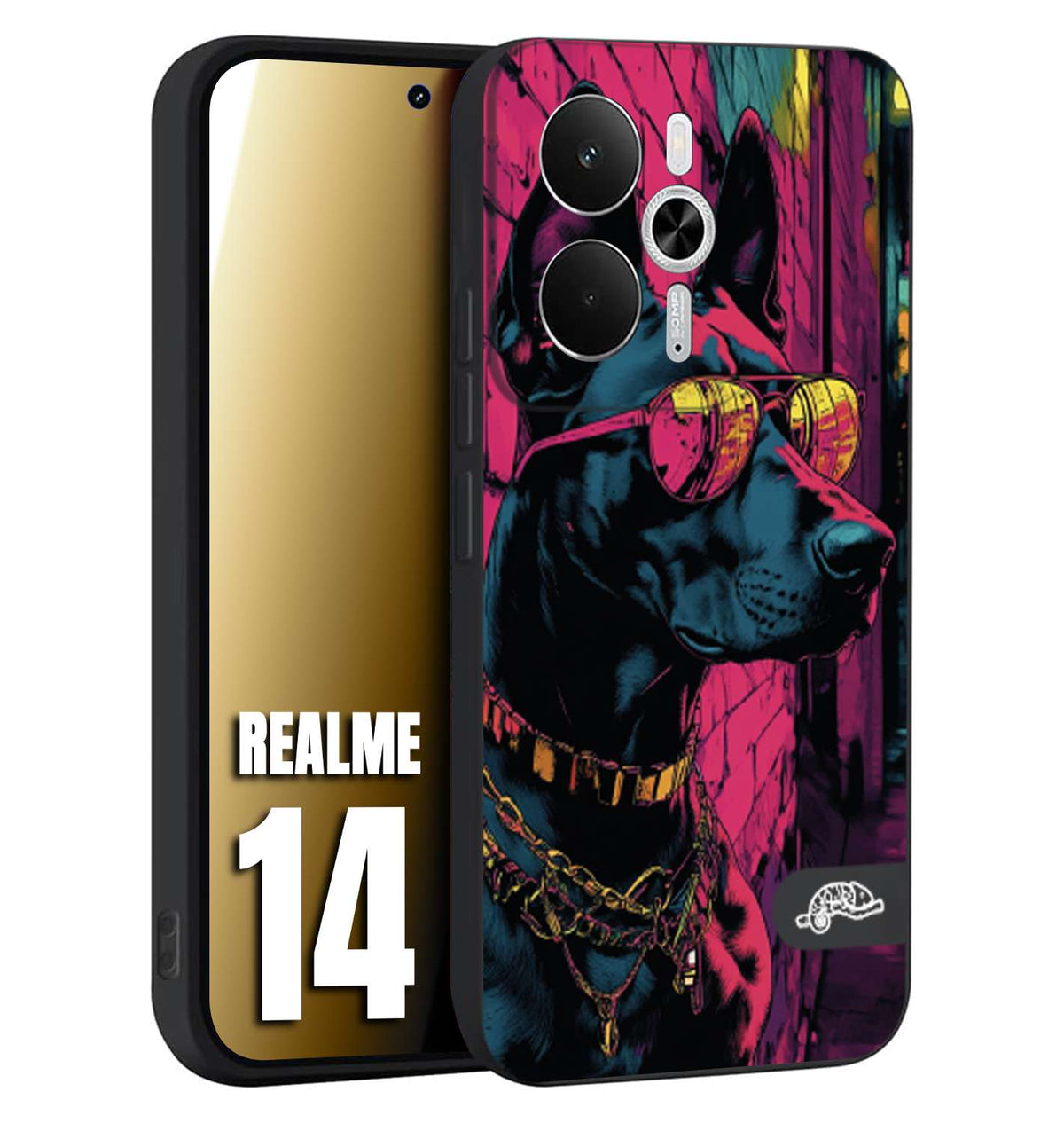 CUSTOMIZZA - Custodia cover nera morbida in tpu compatibile per Realme 14 5G animali cyberpunk dobermann cane street dog fucsia blu