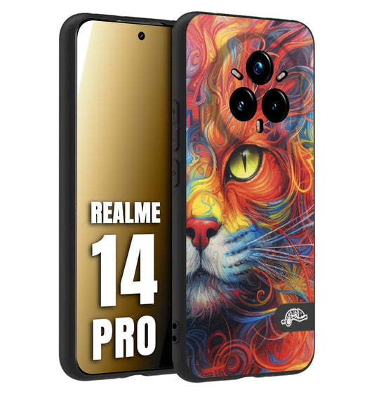 CUSTOMIZZA - Custodia cover nera morbida in tpu compatibile per Realme 14 PRO animali color cat gatto viso colori vibranti disegnato schizzo