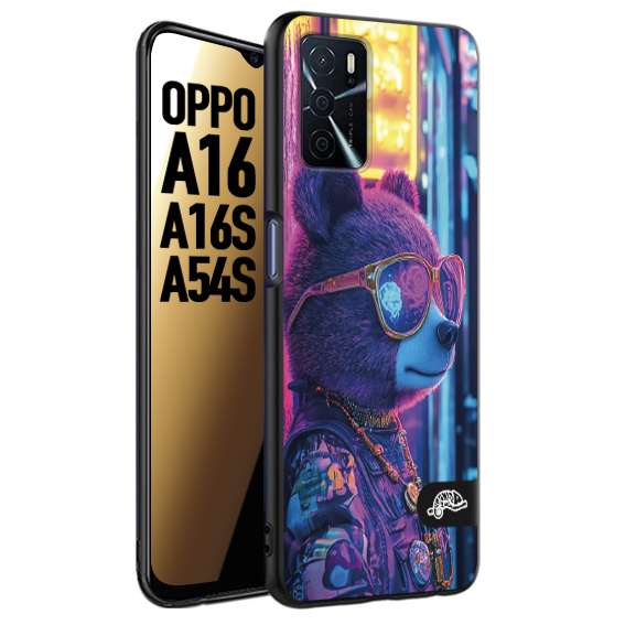CUSTOMIZZA - Custodia cover nera morbida in tpu compatibile per Oppo A16 - A16S - A54S animali cyberpunk orsetto orso street bear fucsia blu night