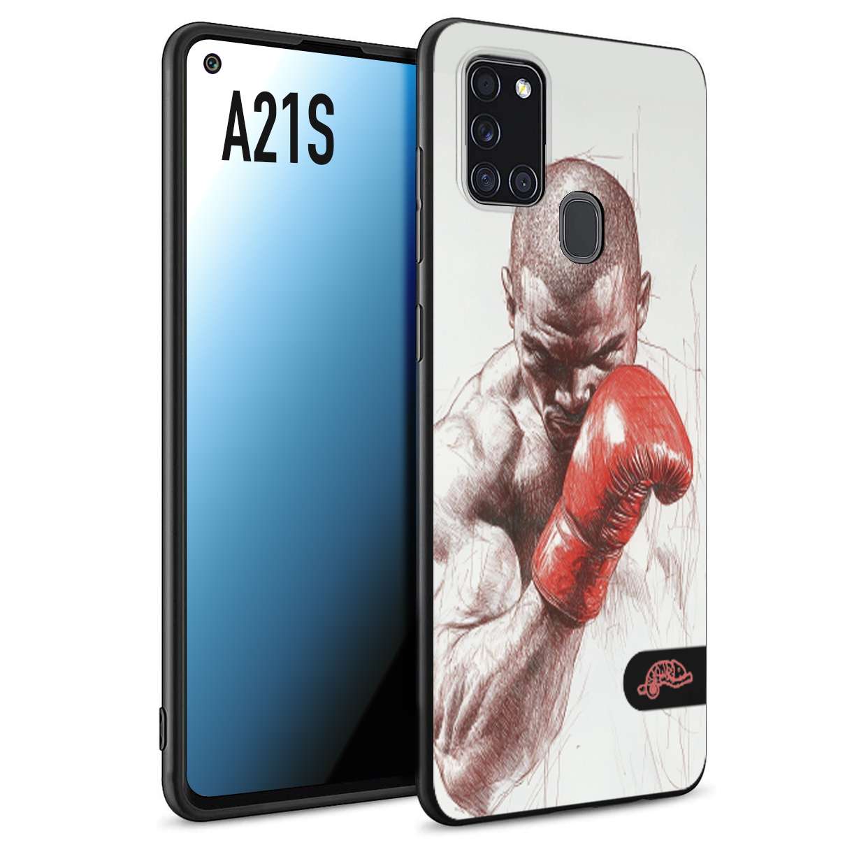 CUSTOMIZZA - Custodia cover nera morbida in tpu compatibile per Samsung A21S pugilato pugili disegno tattoo guantoni box sport primo piano