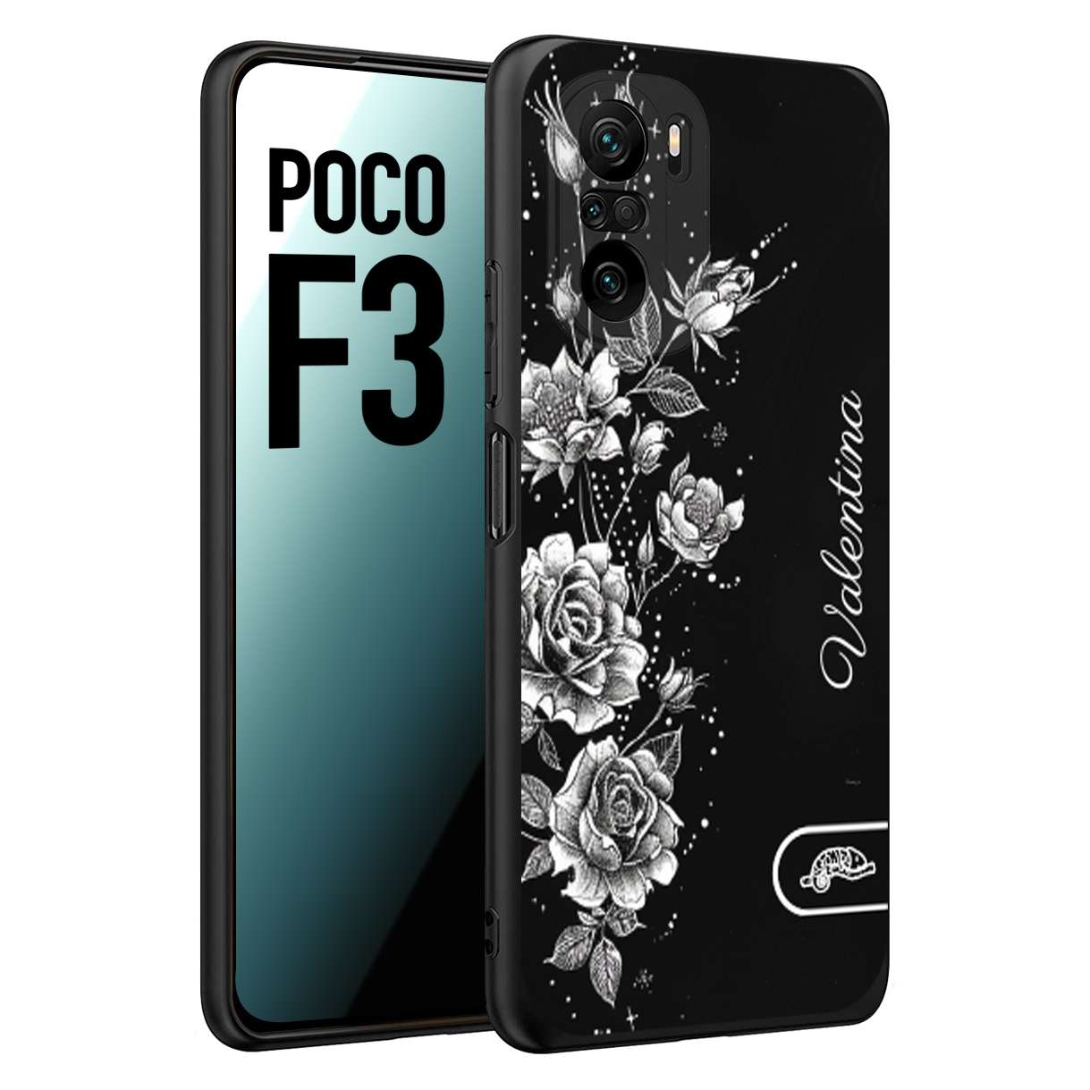 CUSTOMIZZA - Custodia cover nera morbida in tpu compatibile per Xiaomi Poco F3 a rilievo soft touch personalizzata nome rose fiori donna