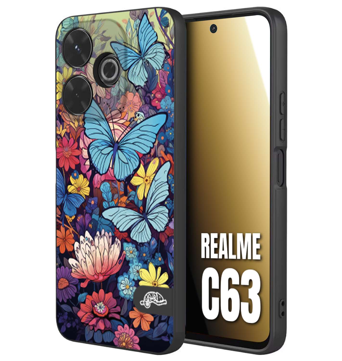 CUSTOMIZZA - Custodia cover nera morbida in tpu compatibile per Realme C63 farfalle butterfly moderno donna disegnate gialla blu rosa