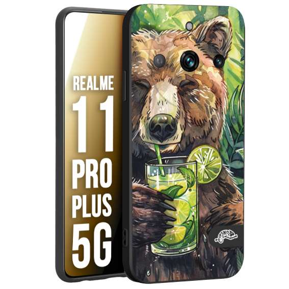 CUSTOMIZZA - Custodia cover nera morbida in tpu compatibile per Oppo Realme 11 PRO PLUS 5G estate disegnata cocktails animali simpatici orso bear negroni