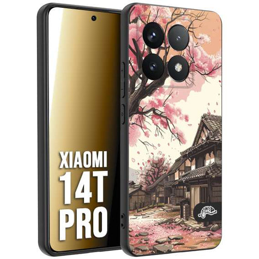 CUSTOMIZZA - Custodia cover nera morbida in tpu compatibile per Xiaomi 14T PRO casa giapponese rosa ciliegio in fiore disegnata tattoo