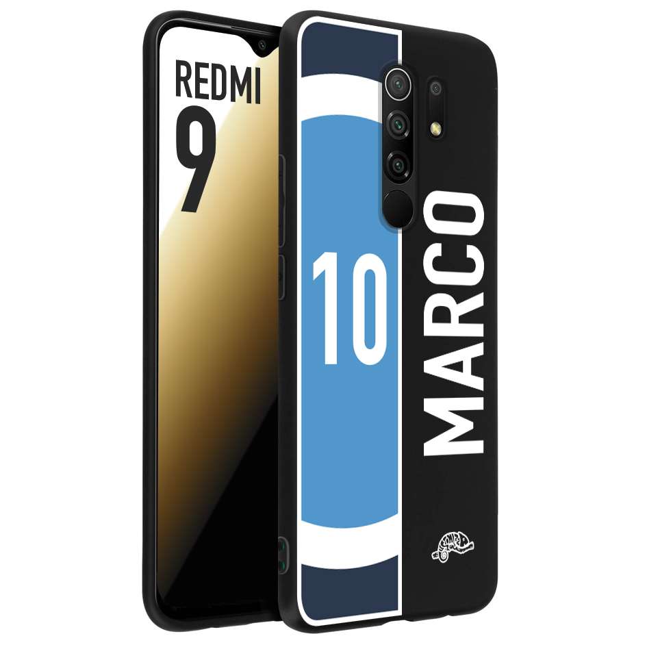 CUSTOMIZZA - Custodia cover nera morbida in tpu compatibile per Xiaomi Redmi 9 personalizzata calcio football nome e numero calciatori biancoazzurri bianco celesti