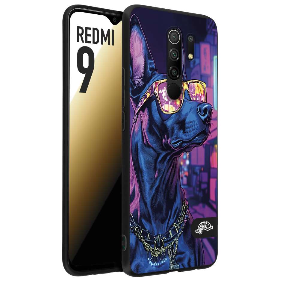 CUSTOMIZZA - Custodia cover nera morbida in tpu compatibile per Xiaomi Redmi 9 animali cyberpunk dobermann cane street dog fucsia blu night