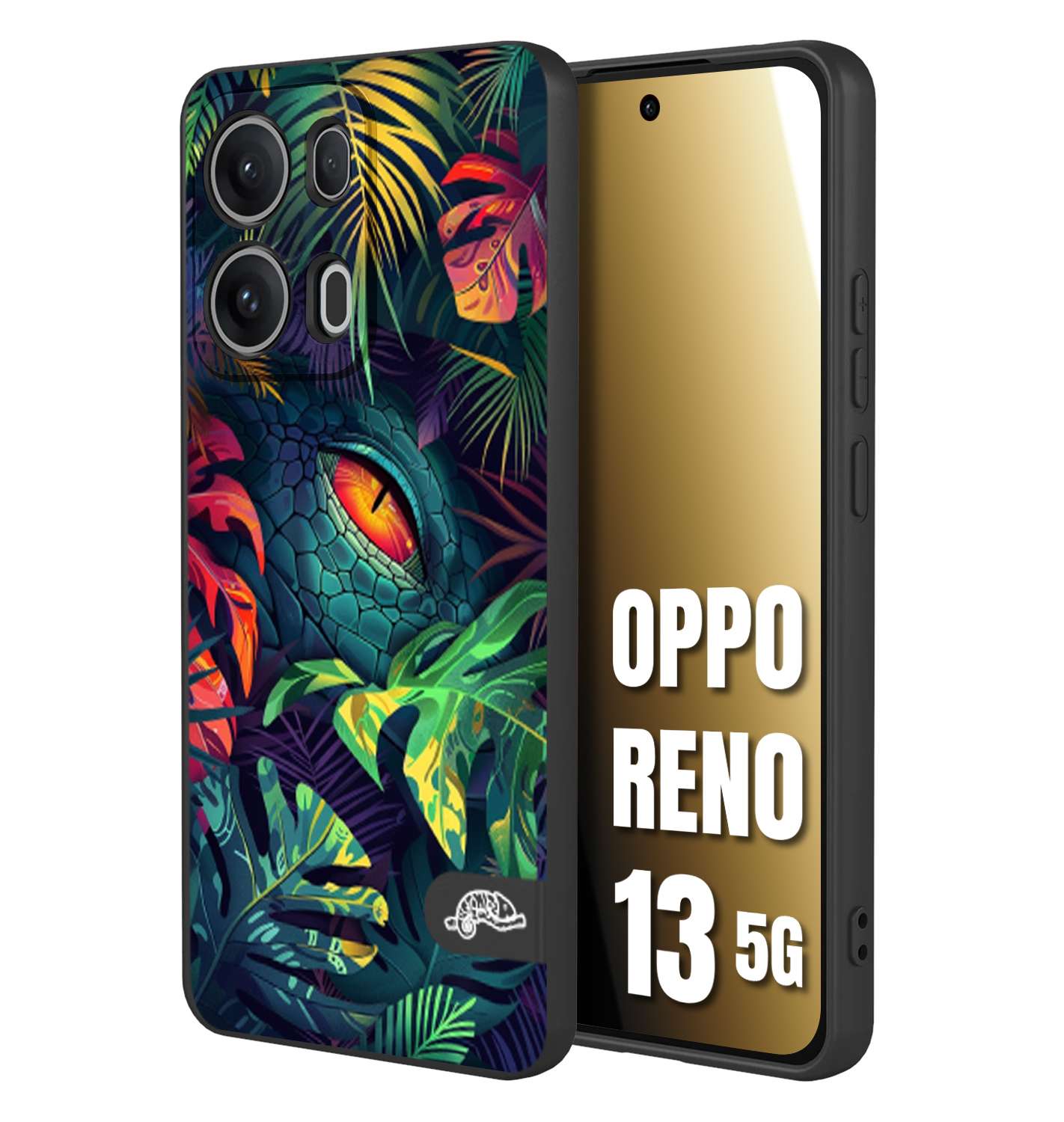 CUSTOMIZZA - Custodia cover nera morbida in tpu compatibile per Oppo Reno 13 5G animali color giungla tropicale occhio di coccodrillo alligatore disegnato