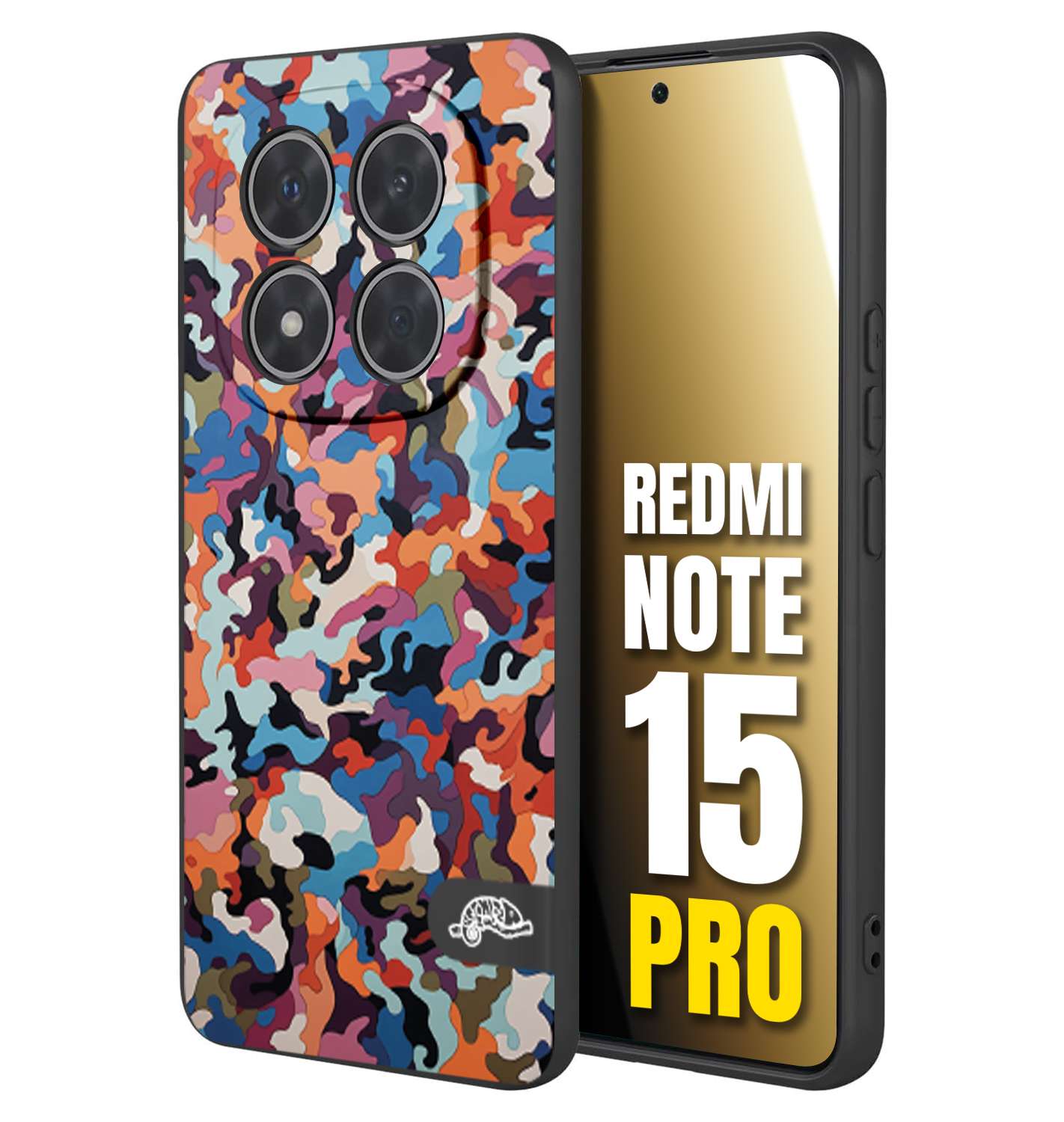 CUSTOMIZZA - Custodia cover nera morbida in tpu compatibile per Xiaomi Redmi Note 15 PRO camouflage mimetico militare moderno blu arancio rosa