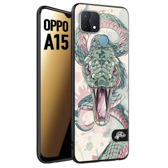 CUSTOMIZZA - Custodia cover nera morbida in tpu compatibile per Oppo A15 snake pink green serpente tatuaggio tattoo disegnato a mano