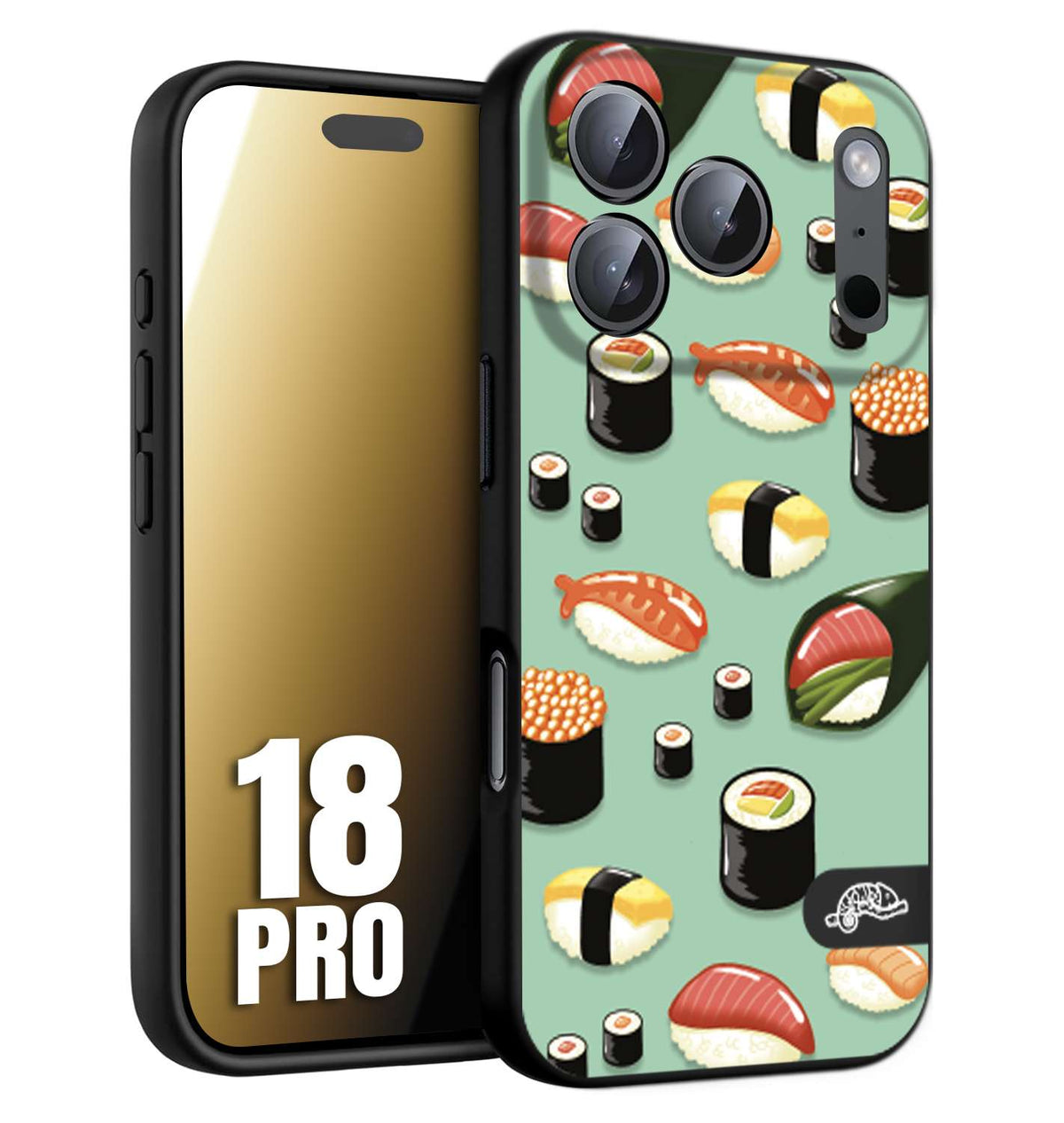 CUSTOMIZZA - Custodia cover nera morbida in tpu compatibile per iPhone 18 PRO sushi disegni giapponese nighiri acquamarina verde