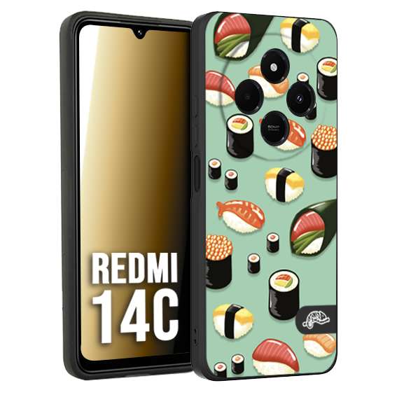 CUSTOMIZZA - Custodia cover nera morbida in tpu compatibile per Xiaomi Redmi 14C sushi disegni giapponese nighiri acquamarina verde
