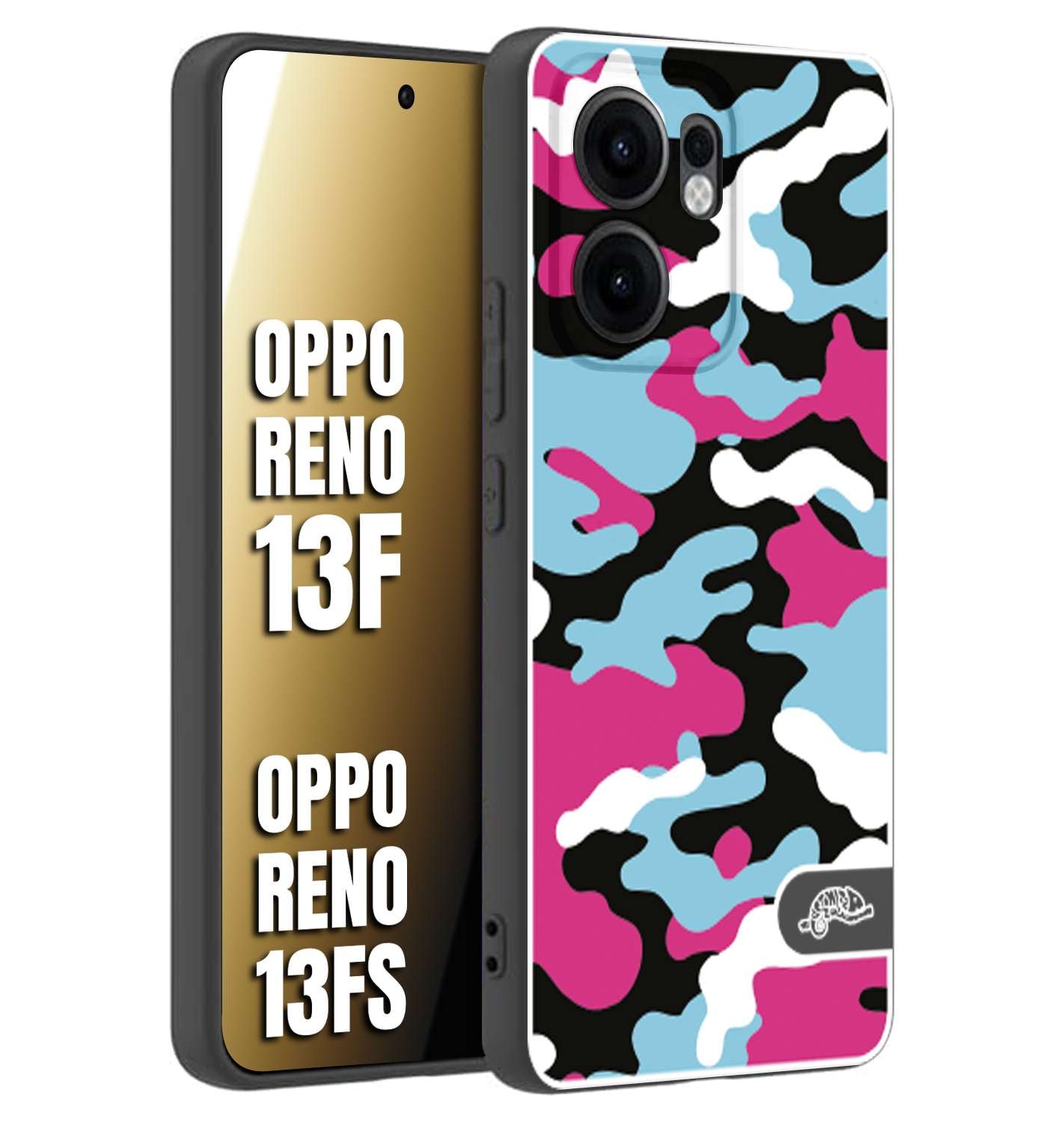 CUSTOMIZZA - Custodia cover nera morbida in tpu compatibile per Oppo Reno 13 F camouflage mimetico militare fucsia celeste