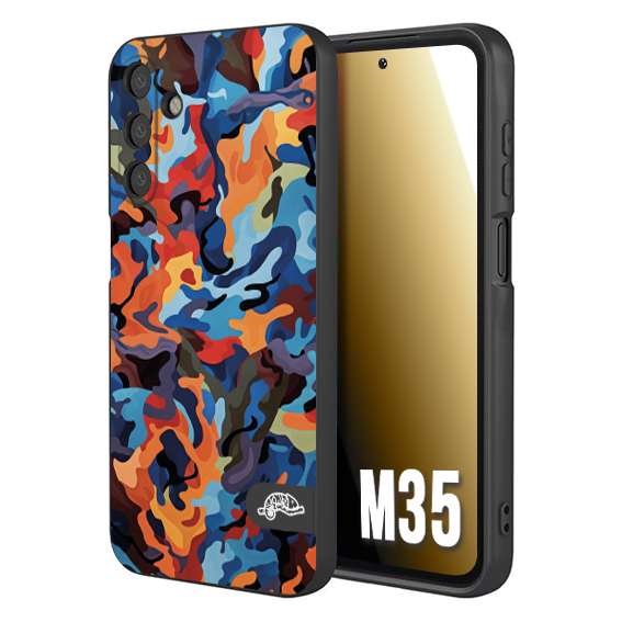 CUSTOMIZZA - Custodia cover nera morbida in tpu compatibile per Samsung M35 camouflage mimetico militare moderno blu arancio rosso