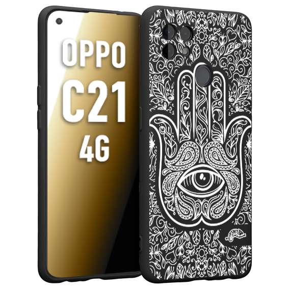 CUSTOMIZZA - Custodia cover nera morbida in tpu compatibile per Realme C21 4G mano di fatima effetto rilievo mandala donna