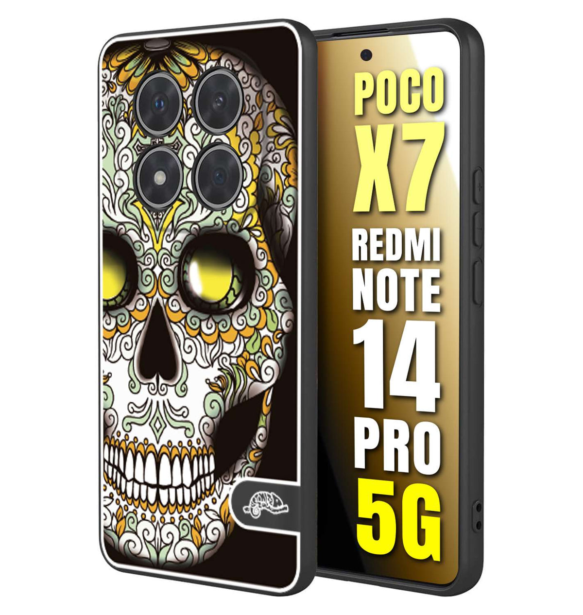 CUSTOMIZZA - Custodia cover nera morbida in tpu compatibile per Xiaomi Redmi Note 14 PRO 5G teschio messicano Mexican skull bianco verde giallo