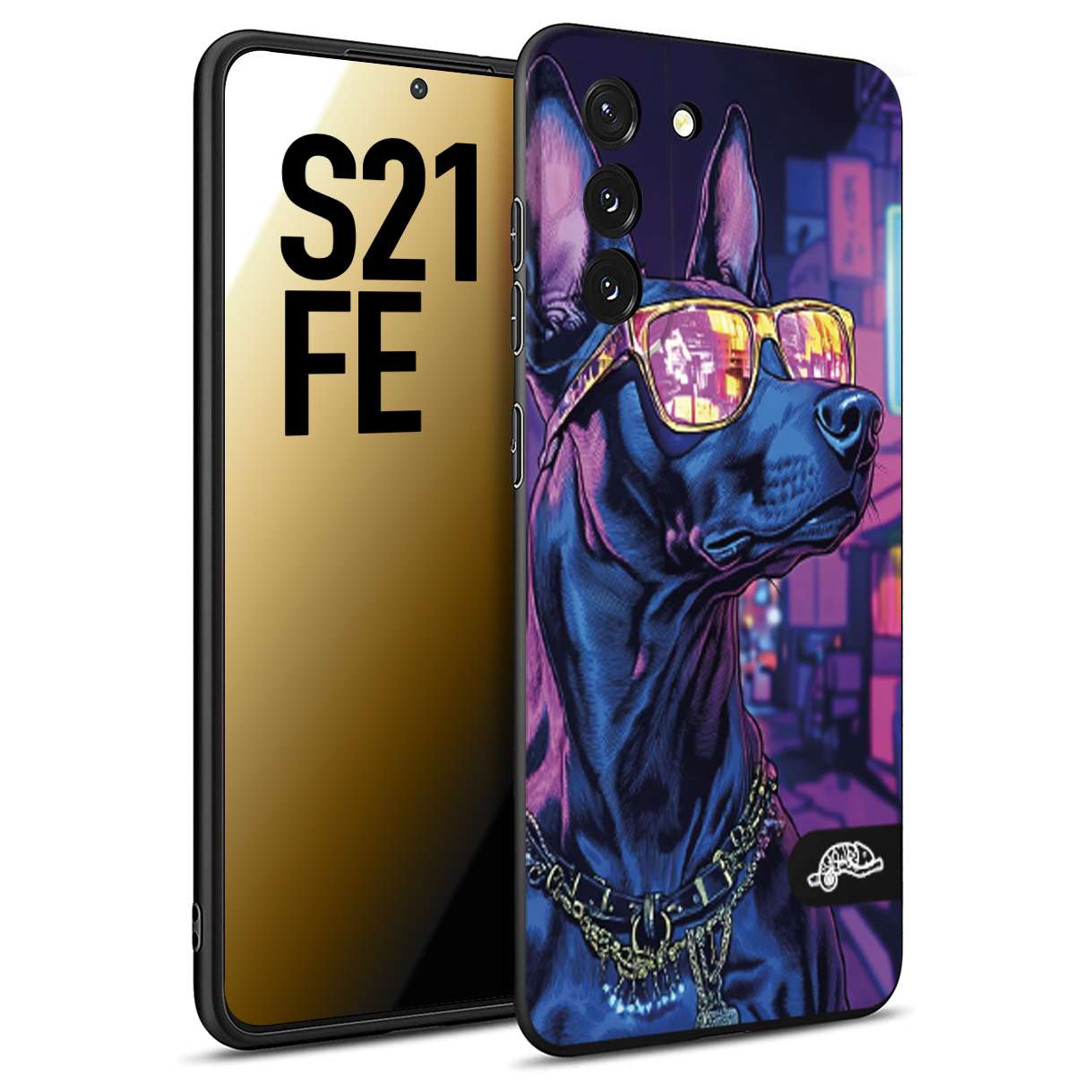 CUSTOMIZZA - Custodia cover nera morbida in tpu compatibile per Samsung S21 FE animali cyberpunk dobermann cane street dog fucsia blu night