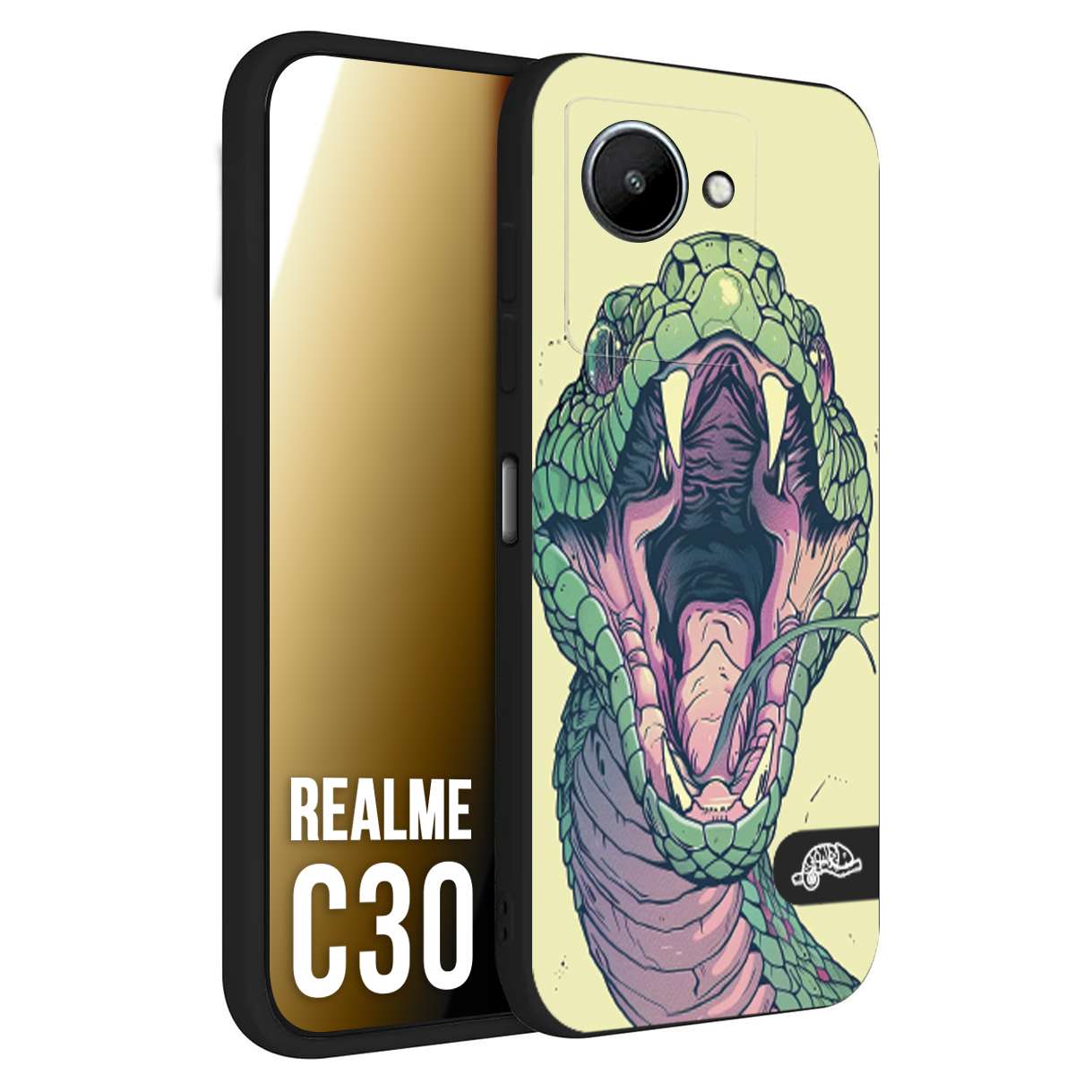 CUSTOMIZZA - Custodia cover nera morbida in tpu compatibile per Realme C30 snake yellow green serpente tatuaggio tattoo disegnato a mano
