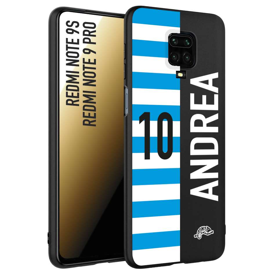CUSTOMIZZA - Custodia cover nera morbida in tpu compatibile per Xiaomi Redmi Note 9S - Note 9 PRO personalizzata calcio football nome e numero calciatori biancazzurri
