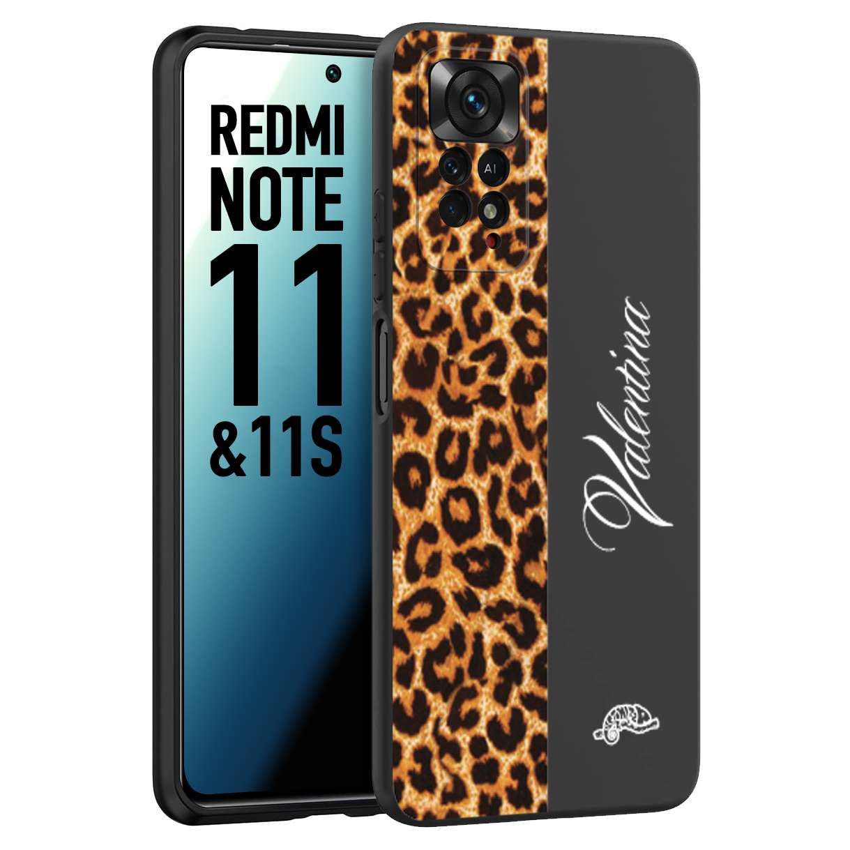 CUSTOMIZZA - Custodia cover nera morbida in tpu compatibile per Xiaomi Redmi Note 11 - Note 11S custom nome scritta leopardato maculato donna marrone leopard