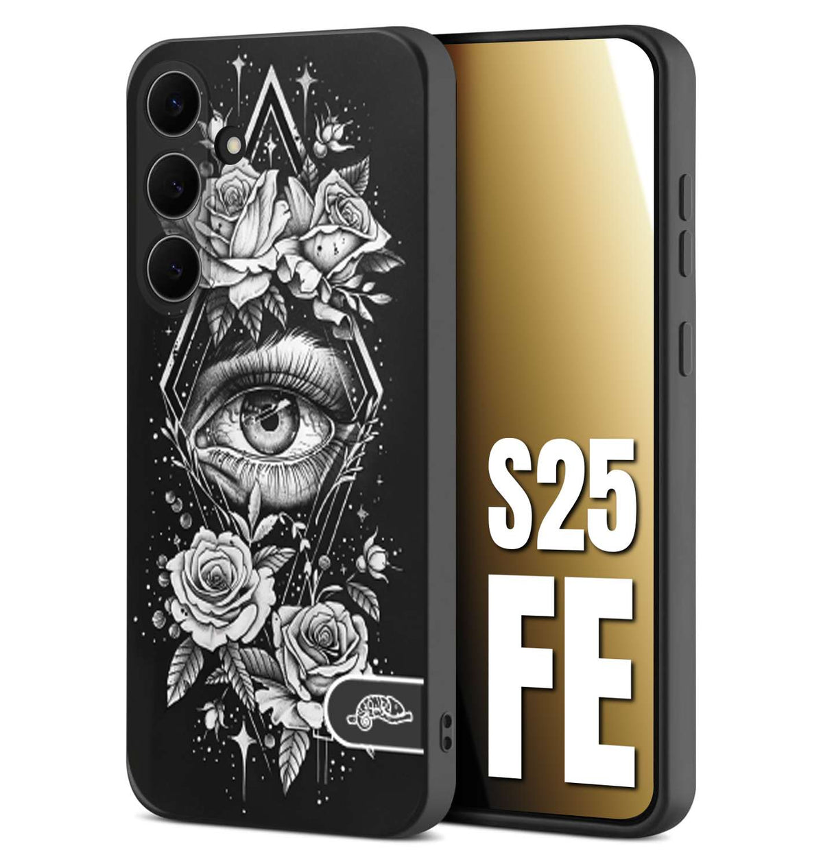 CUSTOMIZZA - Custodia cover nera morbida in tpu compatibile per Samsung S25 FE occhio fiori rombo geometrico black and white bianco a rilievo disegnato tattoo tatuaggio