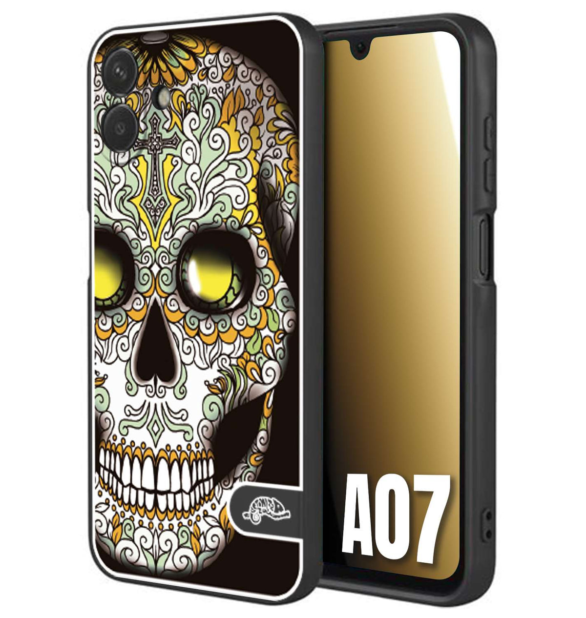 CUSTOMIZZA - Custodia cover nera morbida in tpu compatibile per Samsung A07 teschio messicano Mexican skull bianco verde giallo