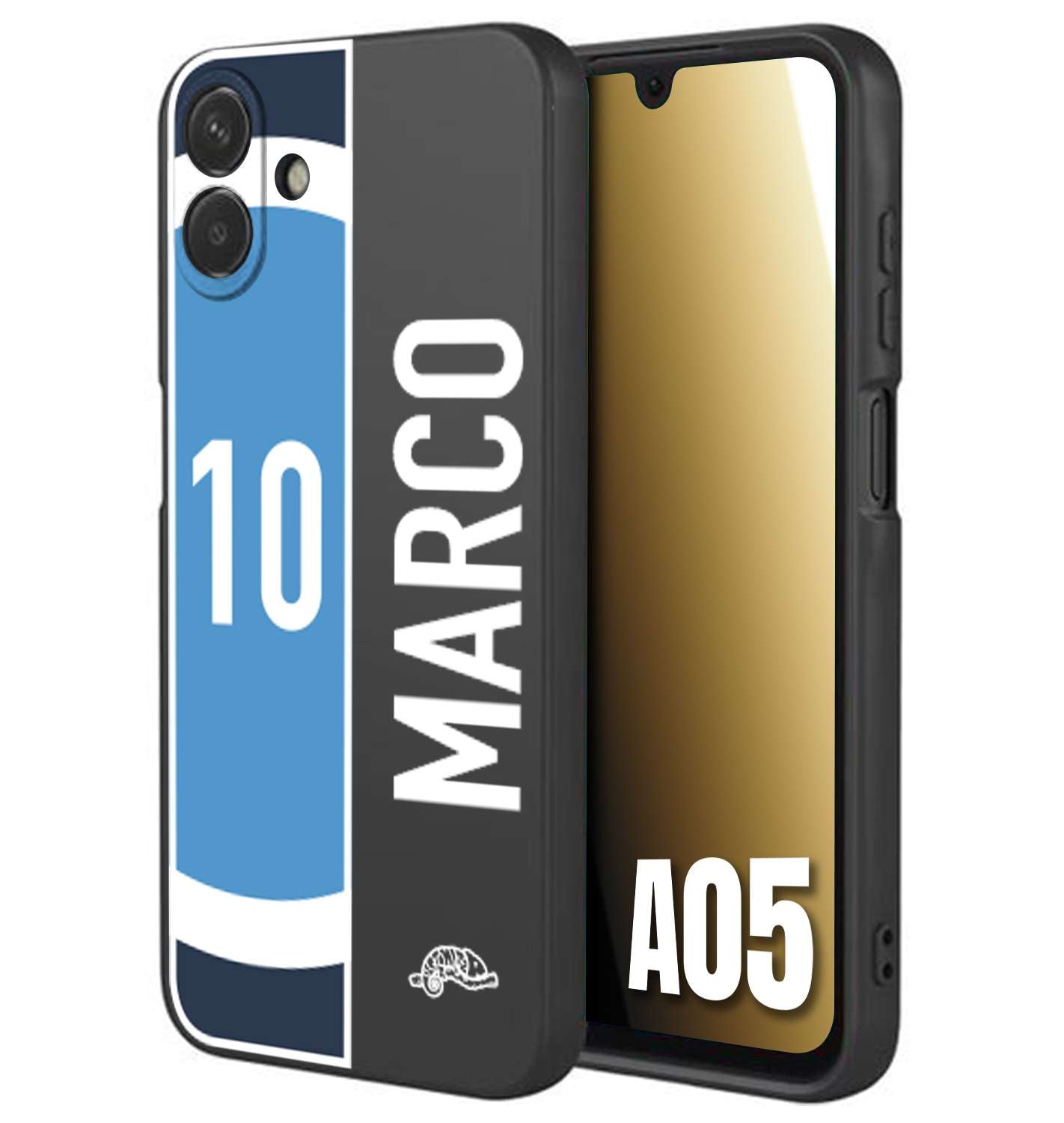 CUSTOMIZZA - Custodia cover nera morbida in tpu compatibile per Samsung A05 personalizzata calcio football nome e numero calciatori biancoazzurri bianco celesti