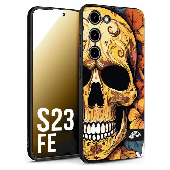 CUSTOMIZZA - Custodia cover nera morbida in tpu compatibile per Samsung S23 FE teschio messicano colorato dorato fiori autunnali disegnato