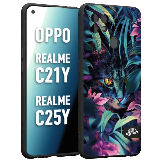 CUSTOMIZZA - Custodia cover nera morbida in tpu compatibile per Realme C21Y - C25Y animali color giungla tropicale occhio di gatto colori vibranti disegnato
