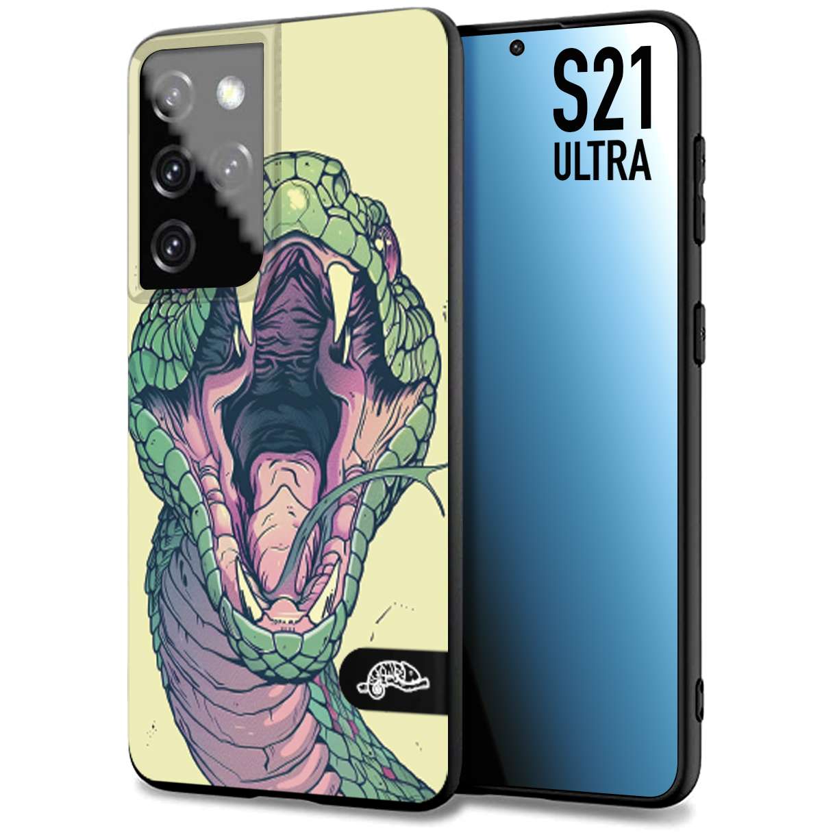 CUSTOMIZZA - Custodia cover nera morbida in tpu compatibile per Samsung S21 ULTRA snake yellow green serpente tatuaggio tattoo disegnato a mano