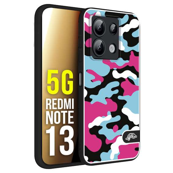 CUSTOMIZZA - Custodia cover nera morbida in tpu compatibile per Xiaomi Redmi Note 13 5G camouflage mimetico militare fucsia celeste
