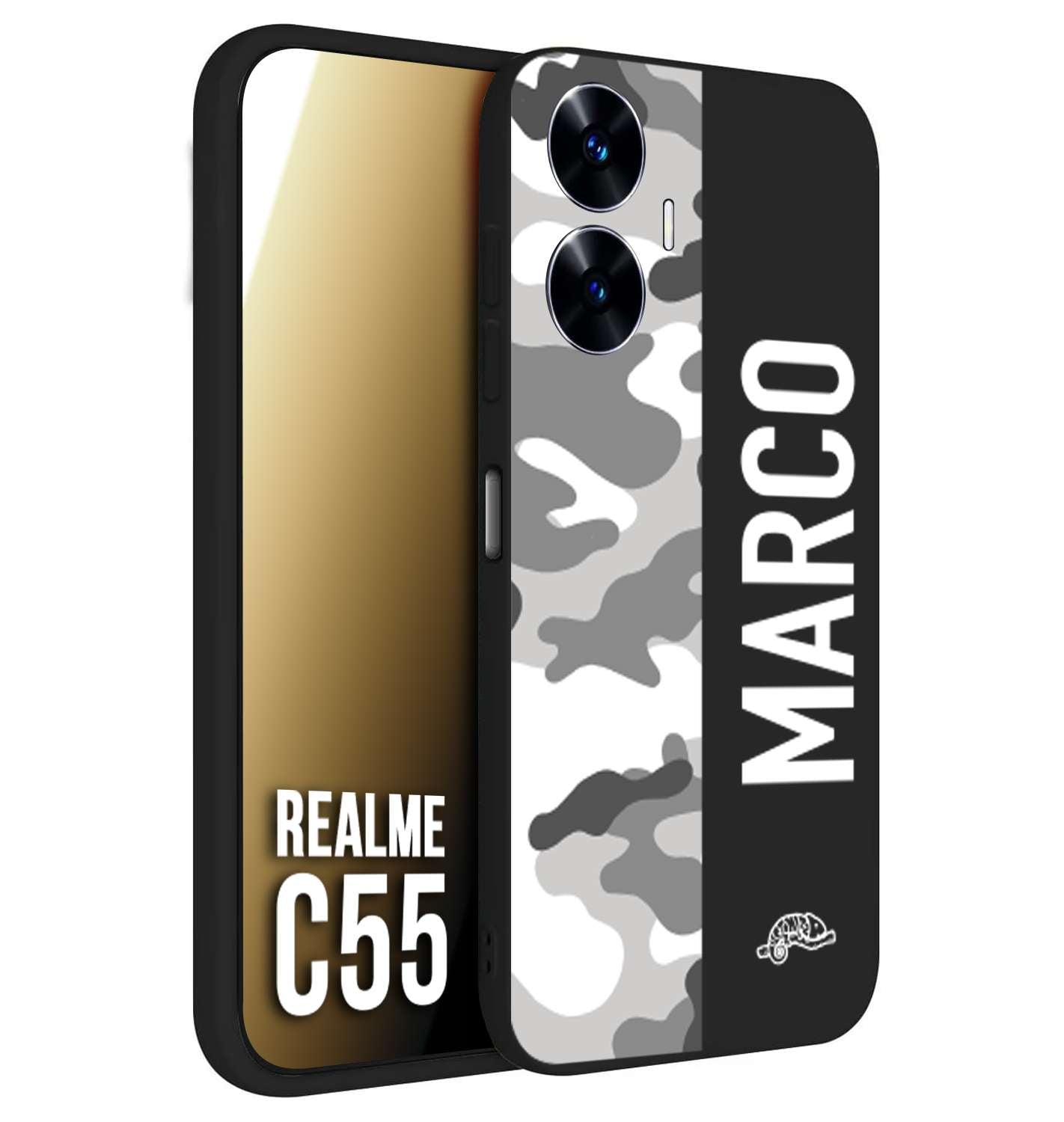 CUSTOMIZZA - Custodia cover nera morbida in tpu compatibile per Oppo C55 camouflage mimetico militare personalizzata nome bianco