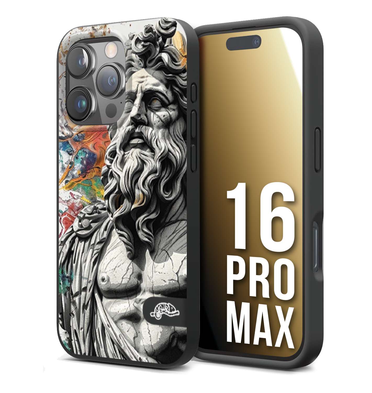 CUSTOMIZZA - Custodia cover nera morbida in tpu compatibile per iPhone 16 PRO MAX statua colorata moderna antico tattoo splash color