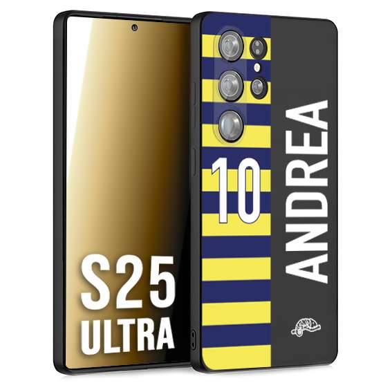 CUSTOMIZZA - Custodia cover nera morbida in tpu compatibile per Samsung S25 ULTRA personalizzata calcio football nome e numero calciatori giallo blu
