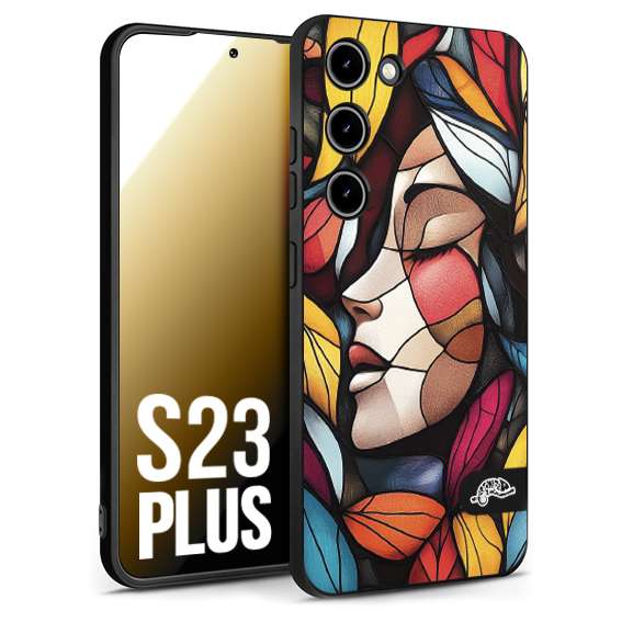 CUSTOMIZZA - Custodia cover nera morbida in tpu compatibile per Samsung S23 PLUS Vetrata artistica volto di donna profilo fogliare mosaico di vetro colorato