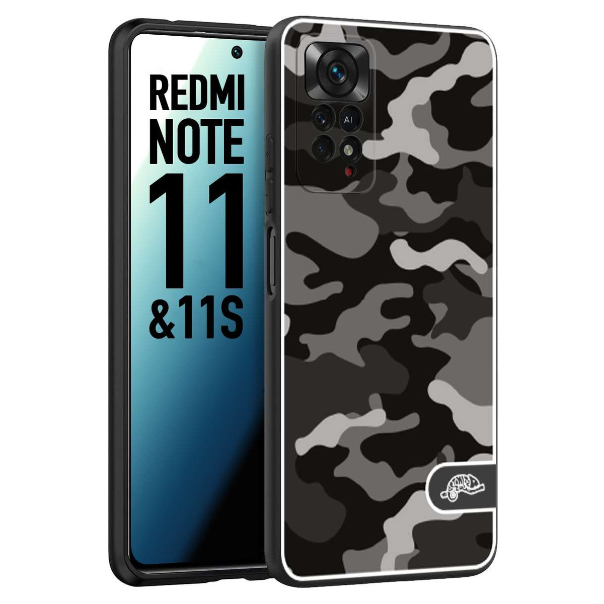 CUSTOMIZZA - Custodia cover nera morbida in tpu compatibile per Xiaomi Redmi Note 11 - Note 11S camouflage mimetico militare nero black grigio