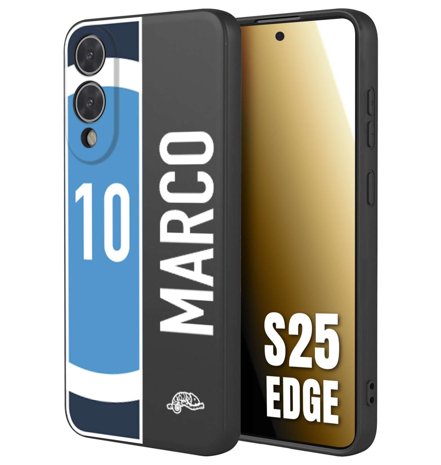 CUSTOMIZZA - Custodia cover nera morbida in tpu compatibile per Samsung S25 EDGE personalizzata calcio football nome e numero calciatori biancoazzurri bianco celesti