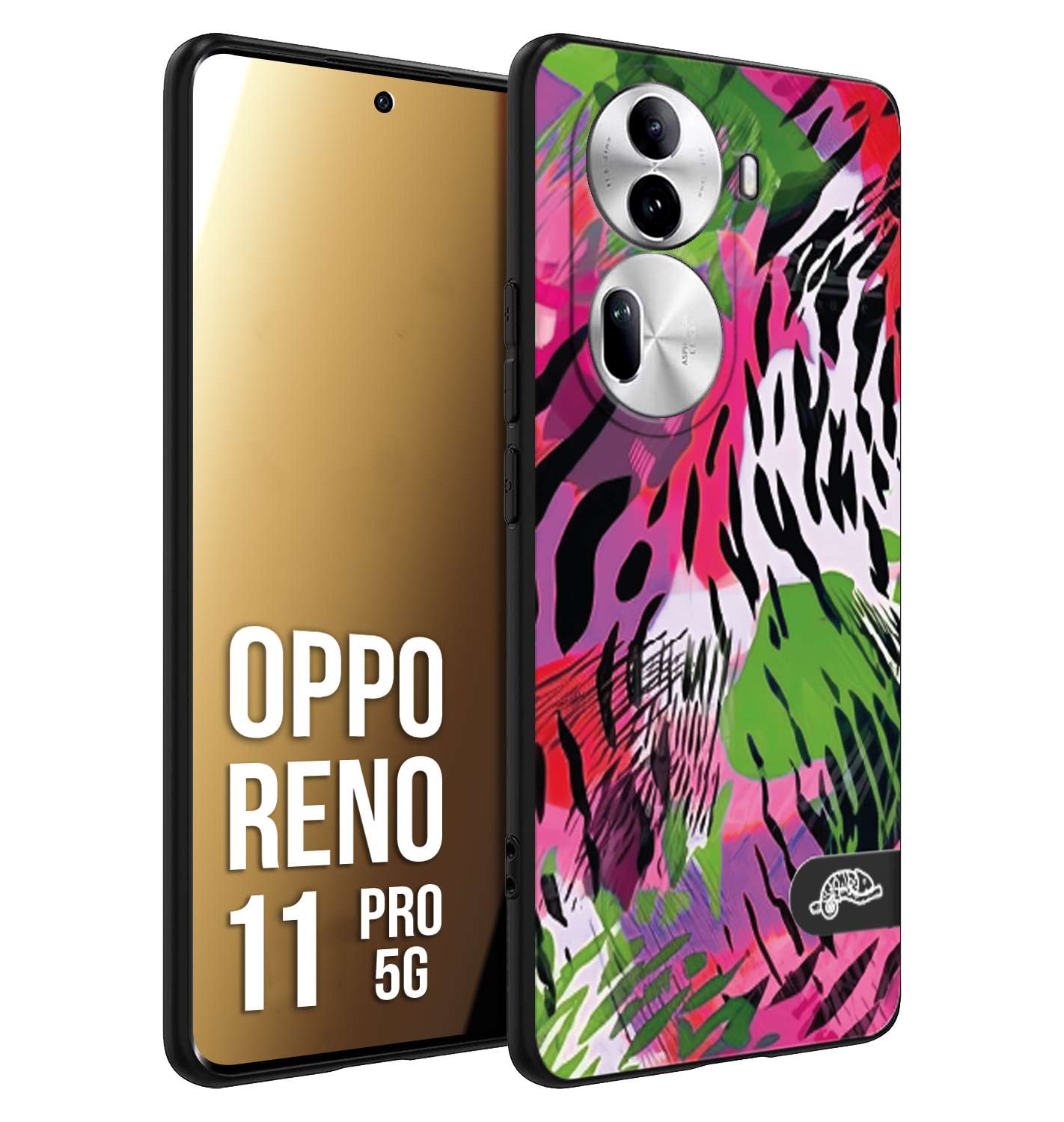 CUSTOMIZZA - Custodia cover nera morbida in tpu compatibile per Oppo Reno 11 PRO 5G leopardato tigrato tiger colorata summer color verde fucsia