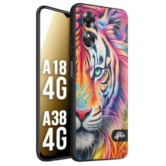 CUSTOMIZZA - Custodia cover nera morbida in tpu compatibile per Oppo A18 4G - A38 4G animali color tigre tiger viso colori vibranti disegnato schizzo