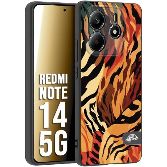 CUSTOMIZZA - Custodia cover nera morbida in tpu compatibile per Xiaomi Redmi Note 14 5G leopardato maculato tigrato tiger colorata gialla rossa arancio