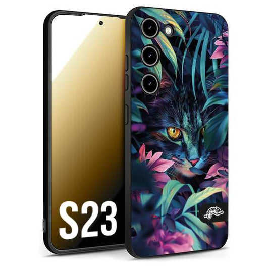 CUSTOMIZZA - Custodia cover nera morbida in tpu compatibile per Samsung S23 animali color giungla tropicale occhio di gatto colori vibranti disegnato