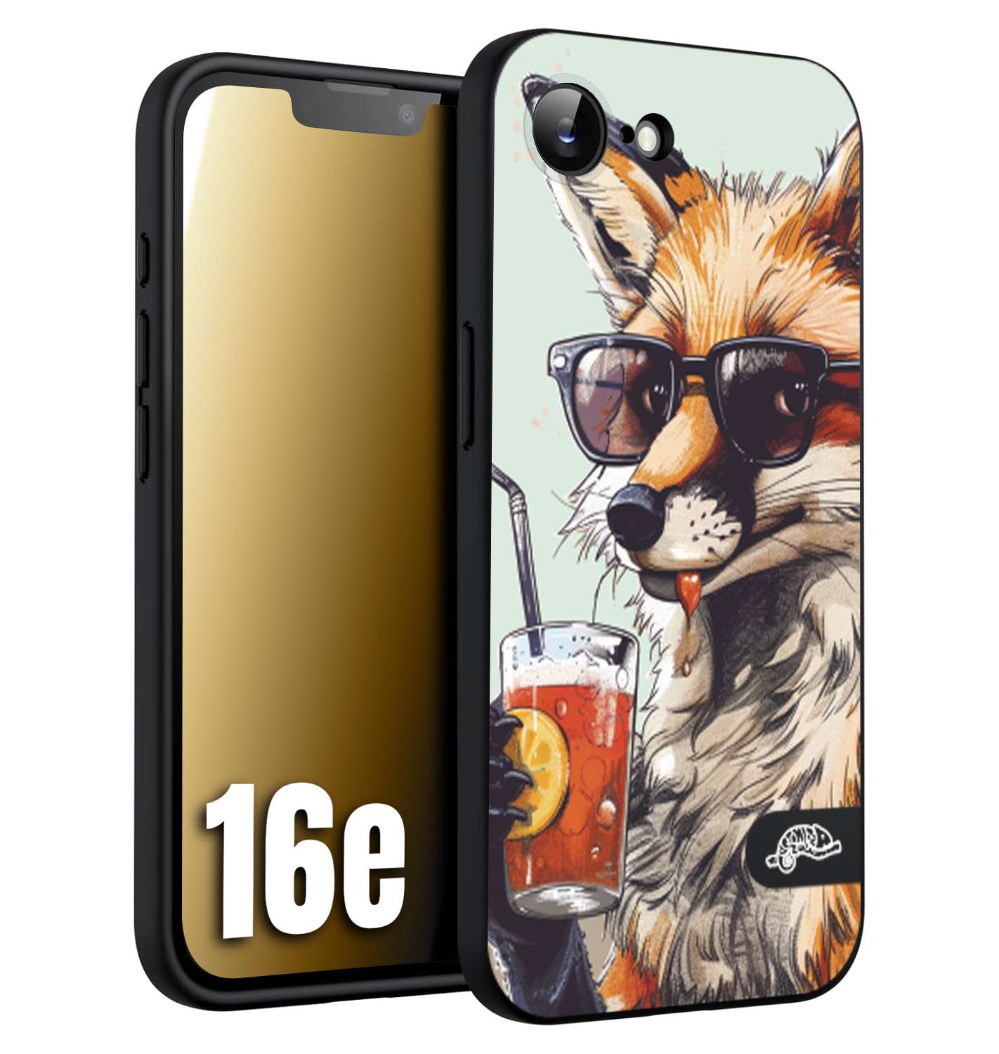 CUSTOMIZZA - Custodia cover nera morbida in tpu compatibile per iPhone 16E estate disegnata cocktails animali simpatici fox volpe negroni