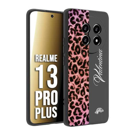 CUSTOMIZZA - Custodia cover nera morbida in tpu compatibile per Realme 13 PRO PLUS leopardato rosa fucsia personalizzata nome iniziali