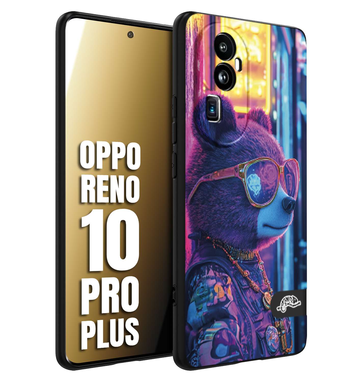 CUSTOMIZZA - Custodia cover nera morbida in tpu compatibile per Oppo Reno 10 PRO PLUS animali cyberpunk orsetto orso street bear fucsia blu night
